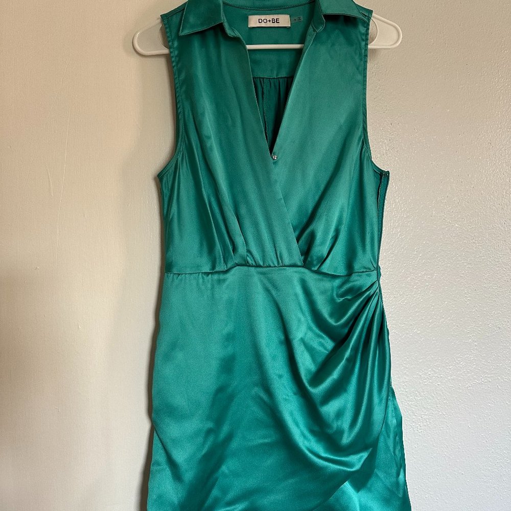 DO+BE COLLECTION satin turquoise collared wrap dress